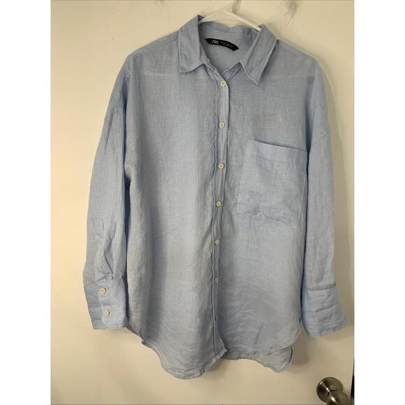 Zara Shirt Women's Small Light Blue Linen Button Up Long Sleeves Coastal Beach - Picture 2 of 9